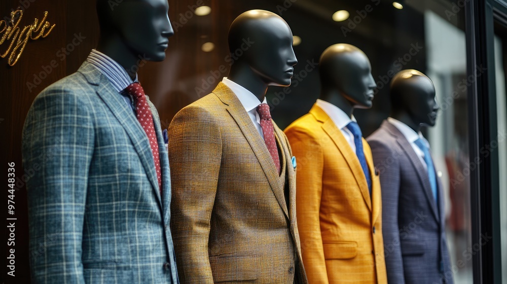 Modern mannequins dressed in professional business suits, featuring diverse cuts, colors, and accessories in a display window Modern mannequins dressed in professional business suits, featuring diverse cuts, colors, and accessories in a display window