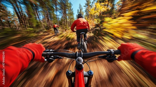 Close-up of mountain bikers speeding downhill forest trail vibrant colors dynamic motion high detail ultra HD professional photography
