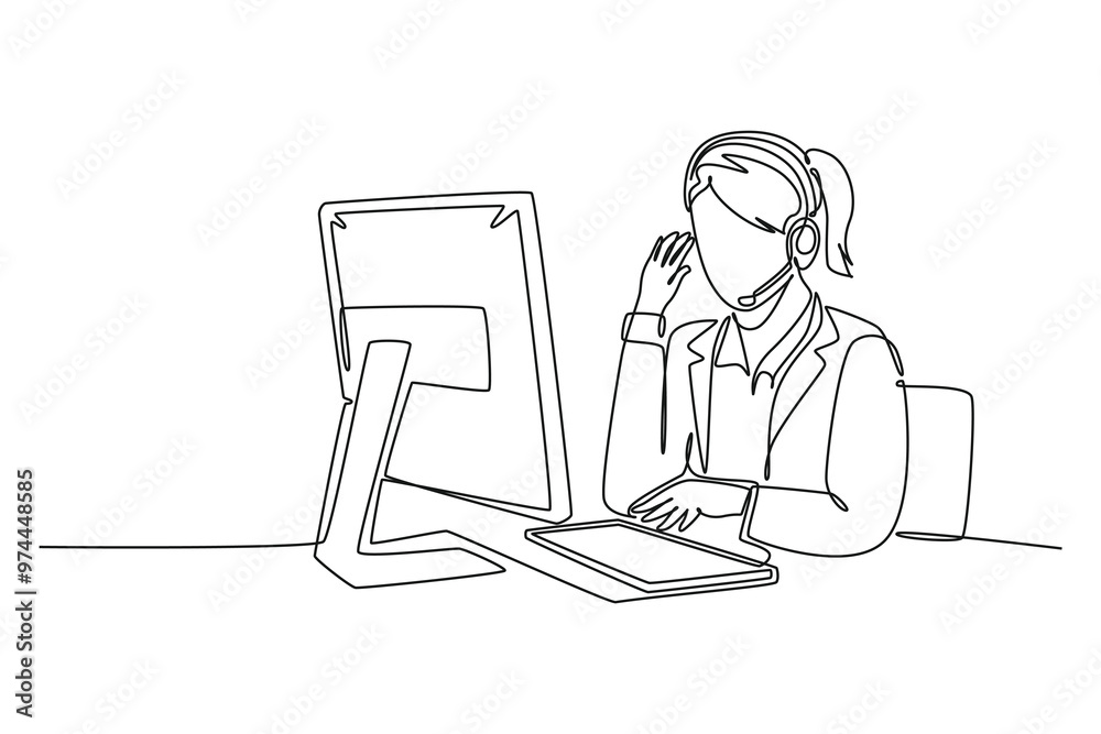Continuous one line drawing young confused call center worker answering phone call from talkative customer in front laptop. Help desk center care. Single line draw design vector graphic illustration Continuous one line drawing young confused call center worker answering phone call from talkative customer in front laptop. Help desk center care. Single line draw design vector graphic illustration