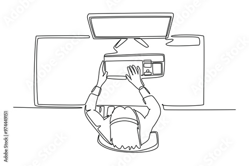 Single continuous line drawing top view female call center worker answering complain call from customer kindly. Helpdesk center care concept. Dynamic one line draw graphic design vector illustration