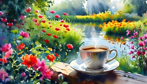 Serene Morning Coffee Amidst a Lush Flower Garden in Watercolor Dreamscape