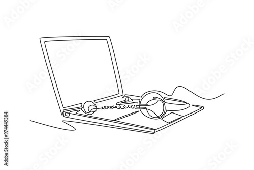 Single one line drawing headphone with microphone and laptop on working desk as call center equipment tools. Call center customer care concept. Continuous line draw design graphic vector illustration