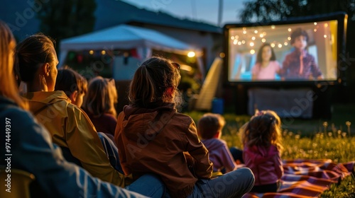 Families watching movie outdoors on screen under night sky diverse audience. Concept Movie Night, Outdoor Entertainment, Family Fun, Stargazing, Community Bonding.