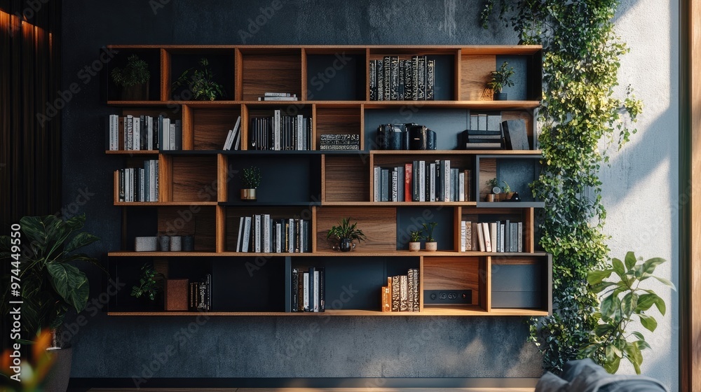 Compact modular shelving system, stylishly mounted on a small apartment wall Compact modular shelving system, stylishly mounted on a small apartment wall
