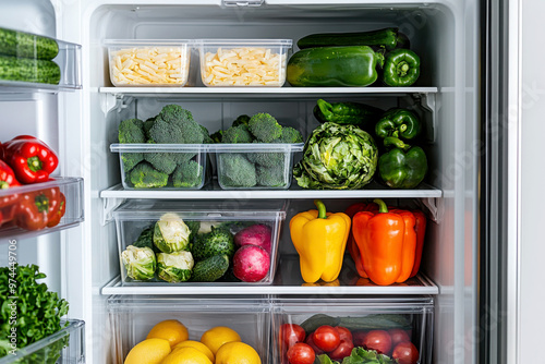 A fresh assortment of colorful vegetables stored in a clean refrigerator, promoting healthy eating and meal preparation.