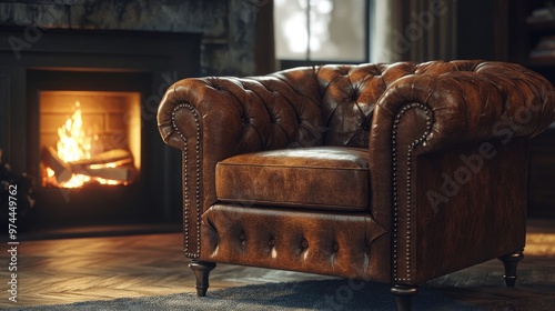 Distressed leather club chair from the 1920s, placed near a crackling fireplace