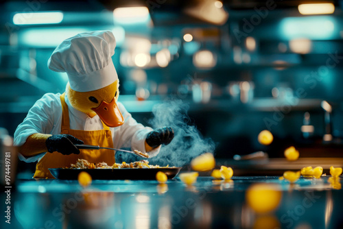 A whimsical scene featuring a duck in chef attire, cooking in a modern kitchen filled with steam and colorful ingredients. photo