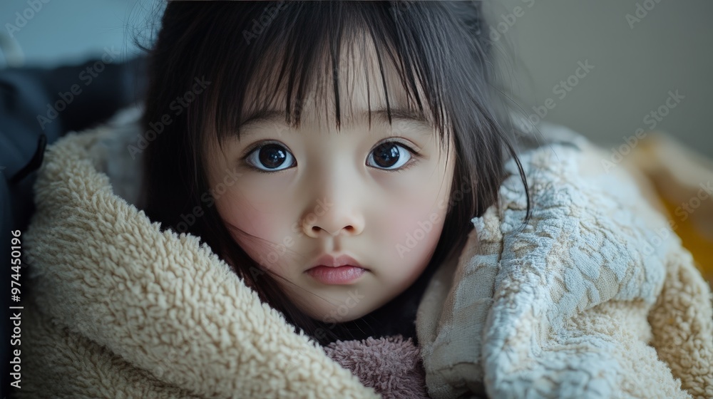 The little Asian girl, bundled up in blankets, listens to her soothing voice. The little Asian girl, bundled up in blankets, listens to her soothing voice.