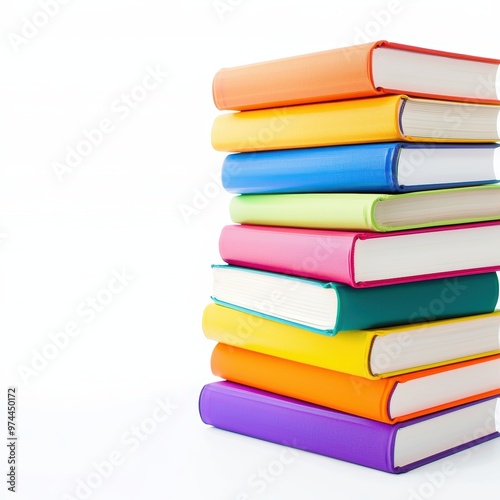 A stack of hardcover books with colorful covers, arranged neatly, isolated on white background