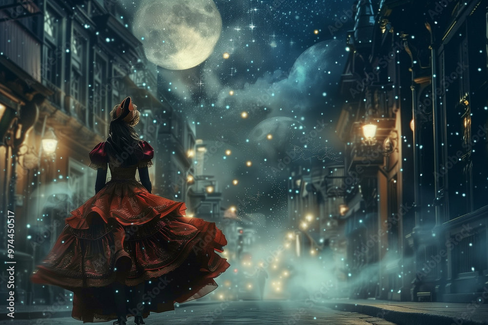 Full-length steampunk woman on a street under a magical midnight sky, with elements of astrophotography, dreamy and romantic atmosphere