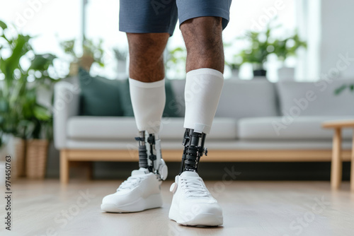 Man with prosthetic legs standing indoors. Advanced prosthetic technology in a living space