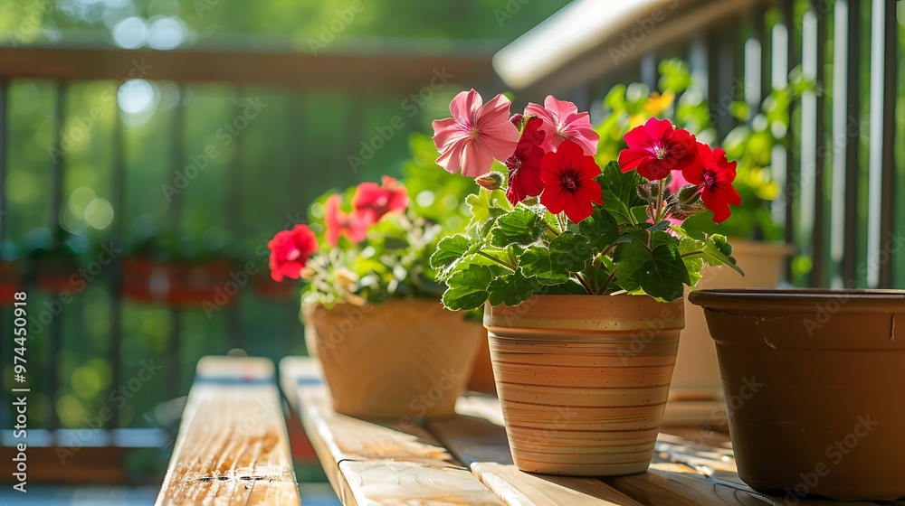 Potted geraniums in the pots on a wooden balcony table Potted geraniums in the pots on a wooden balcony table