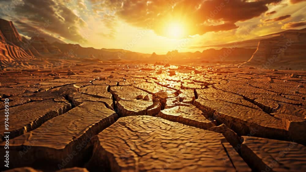 Sunset over cracked desert terrain reveals the impacts of drought in arid landscapes