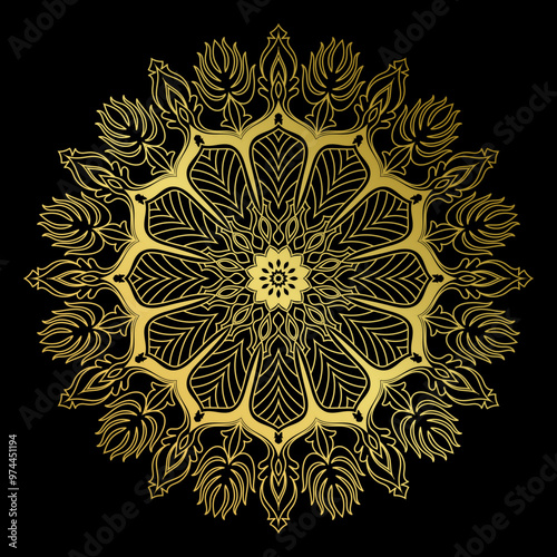 Elegant gradient gold mandala on black background. Abstract graphic element