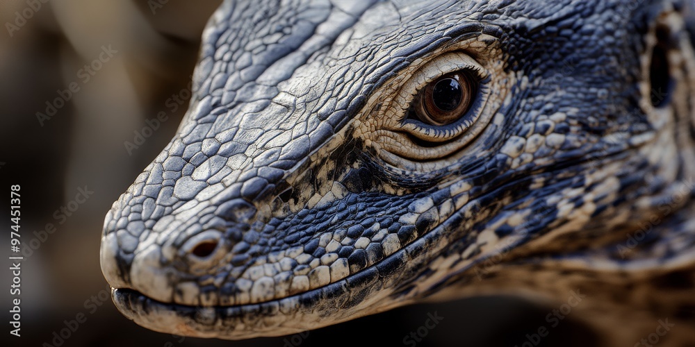 Extreme close-up of a monitor lizard’s head revealing intricate scales and piercing gaze Extreme close-up of a monitor lizard’s head revealing intricate scales and piercing gaze