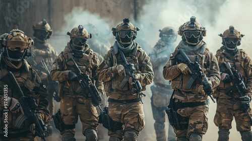 Modern soldiers in dusty warzone fully equipped facing camera in military formation. Concept Military Action, Warzone Photoshoot, Soldier Portraits, Modern Warfare, Tactical Poses. photo