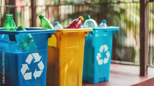 Recycling bins filled with various sorted recyclables promoting waste segregation awareness. Concept Waste Segregation, Recycling Awareness, Eco-Friendly Practices, Environment Conservation