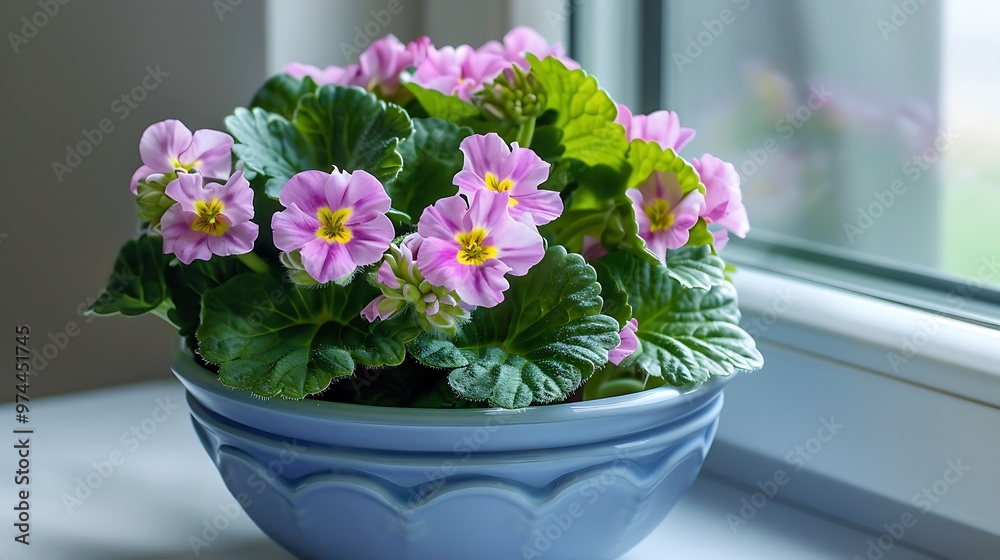 Primula hortensis ornamental flower bunch of flowers flowering indoors green leaves pink purple petals with yellow center in blue bowl near window Primula hortensis ornamental flower bunch of flowers flowering indoors green leaves pink purple petals with yellow center in blue bowl near window