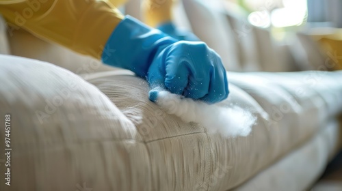 Specialized service removes chemicals from textile sofas effectively cleaning and eliminating dust mites. Concept Textile Sofa Cleaning, Dust Mite Removal, Chemical-Free Cleaning photo