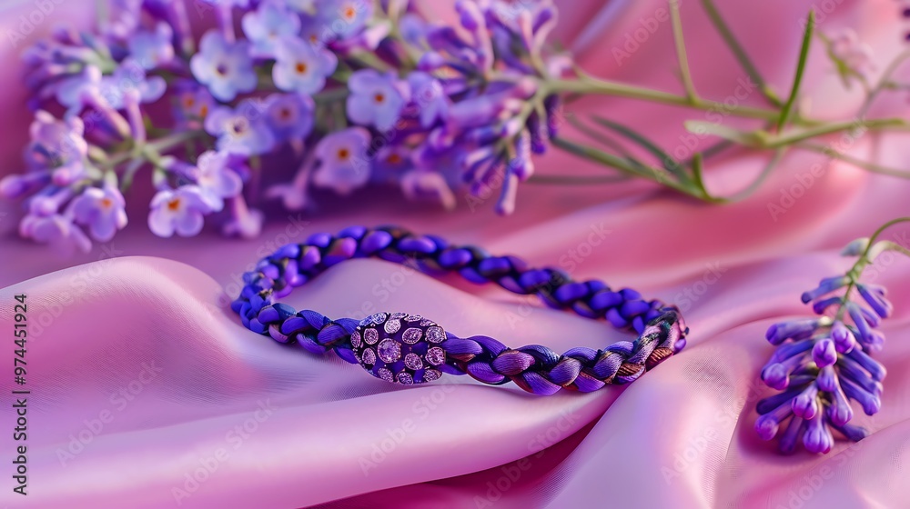 Obraz premium Purple friendship bracelet with unusual braiding on lilac textile next to flowers on pink and purple background