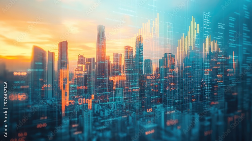 Obraz premium A creative digital rendering of a city skyline built from financial charts and graphs, symbolizing business growth.