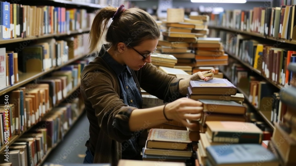 Picture a librarian picking up a stack of returned books from the book drop. Picture a librarian picking up a stack of returned books from the book drop.