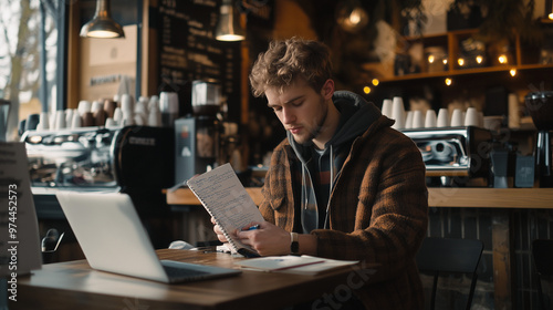 Student Reviewing Notes in Café