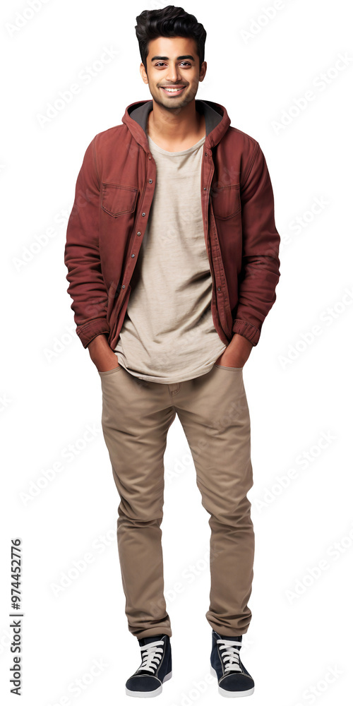 Naklejka premium Full body portrait of young Indian or Arabian man isolated on transparent background. Smiling confidently student wear сasual street style look. Design element for banner, adv, social media posts