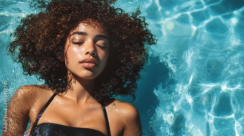 Under the summer sun, a woman with curly hair poses by the pool in a fashionable black swimsuit. The scene is set with clear blue water and a warm, inviting atmosphere.