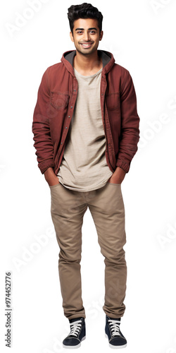 Full body portrait of young Indian or Arabian man isolated on transparent background. Smiling confidently student wear сasual street style look. Design element for banner, adv, social media posts