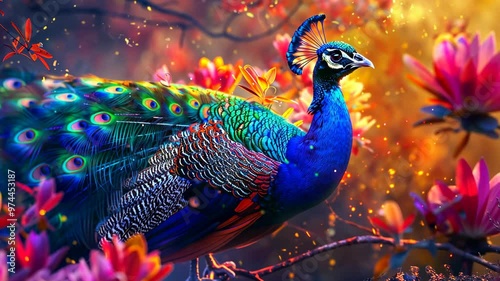 A vibrant peacock displays its colors among blooming flowers at sunset in a serene garden setting