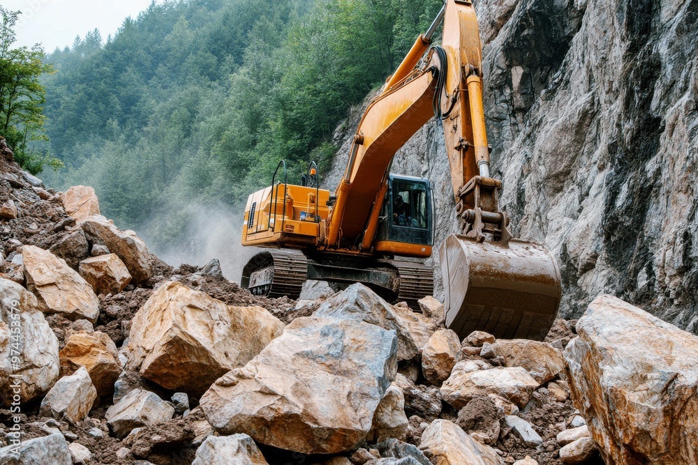 heavy excavator moving large rocks in mountainous terrain, construction site for road building and excavation, industrial equipment heavy excavator moving large rocks in mountainous terrain, construction site for road building and excavation, industrial equipment