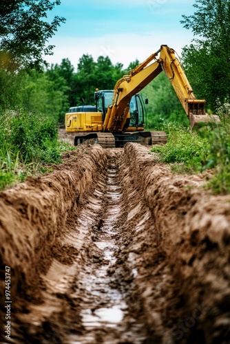 excavator digging a trench at a construction site for infrastructure development