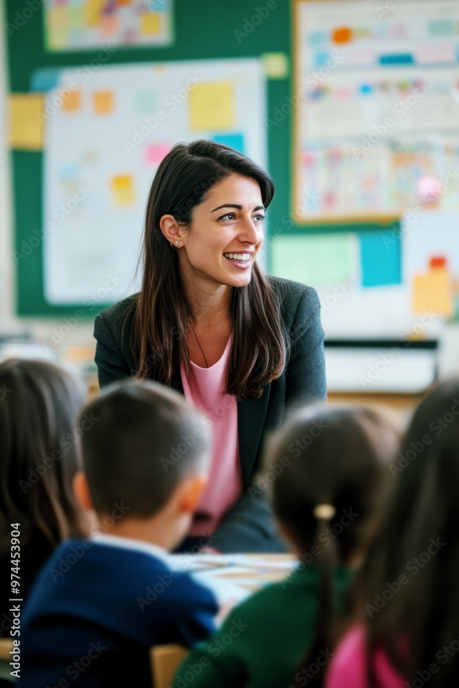 smiling female teacher with young students in classroom setting, education and learning, elementary school teaching smiling female teacher with young students in classroom setting, education and learning, elementary school teaching