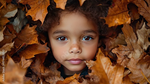 close-up of a child playing with autumn leaves. Selective focus