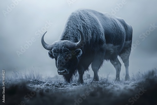 A majestic white bison stands in a frosty, open landscape under a cloudy sky, showcasing its thick, textured fur in a peaceful, wintery setting.