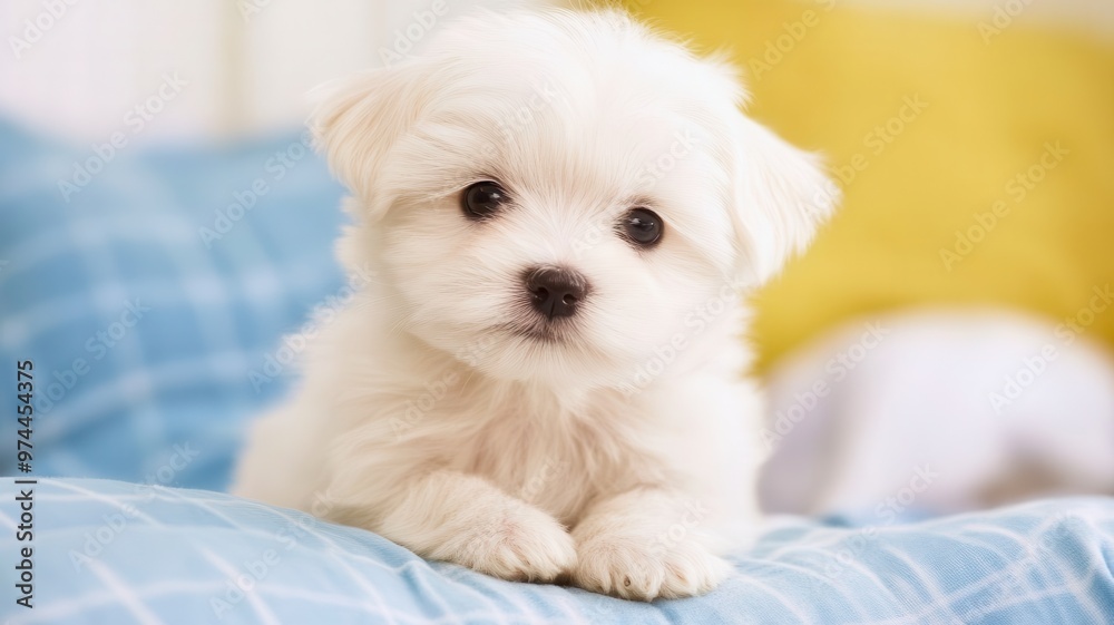 Adorable white puppy resting on a cozy blanket, capturing the essence of cuteness and playfulness indoors. Adorable white puppy resting on a cozy blanket, capturing the essence of cuteness and playfulness indoors.