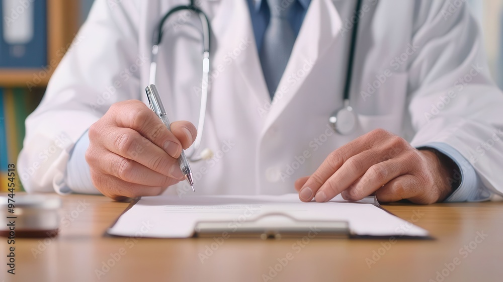 A doctor in a white coat writing notes on a clipboard, showcasing a professional medical environment.