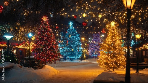 Visualize a festive holiday market where trees are decorated with bright, colorful lights. 