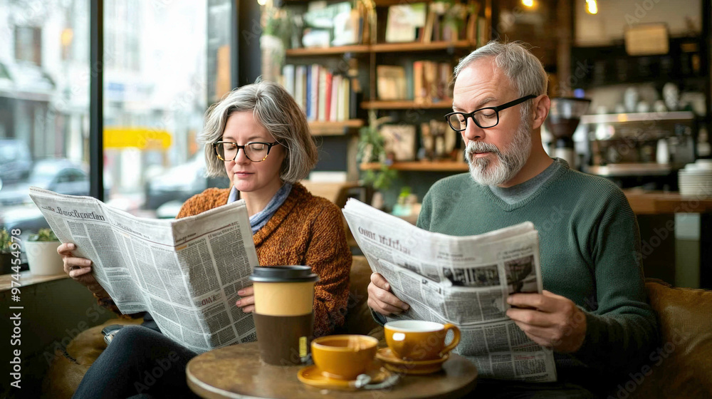 An elderly couple enjoys a relaxing moment reading newspapers in a cozy urban café, sipping warm coffee. Surrounded by bookshelves and plants, the calm atmosphere is filled with soft morning light. An elderly couple enjoys a relaxing moment reading newspapers in a cozy urban café, sipping warm coffee. Surrounded by bookshelves and plants, the calm atmosphere is filled with soft morning light.