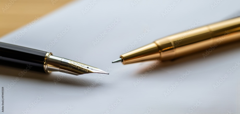 Elegant close-up of a fountain pen on a desk, perfect for writing and office concepts. High-quality image for business and professional themes. Elegant close-up of a fountain pen on a desk, perfect for writing and office concepts. High-quality image for business and professional themes.