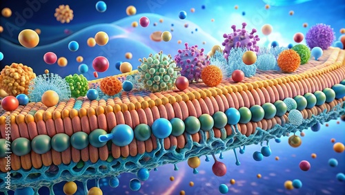 3D illustration of cell membrane showing various transport mechanisms, including passive diffusion, active transport, osmosis, and facilitated diffusion, with tiny molecules and ions in motion. photo