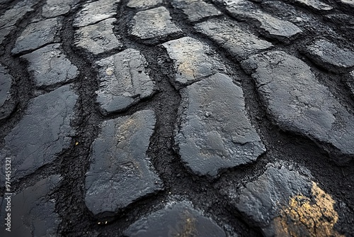 abstract asphalt canvas with sinuous tire tracks weaving intricate patterns stark black on weathered gray surface photo