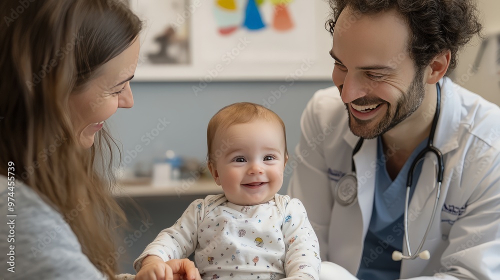 Visualize a pediatrician engaging with a baby using gentle and playful techniques, in a warm and inviting clinic designed for young patients Visualize a pediatrician engaging with a baby using gentle and playful techniques, in a warm and inviting clinic designed for young patients