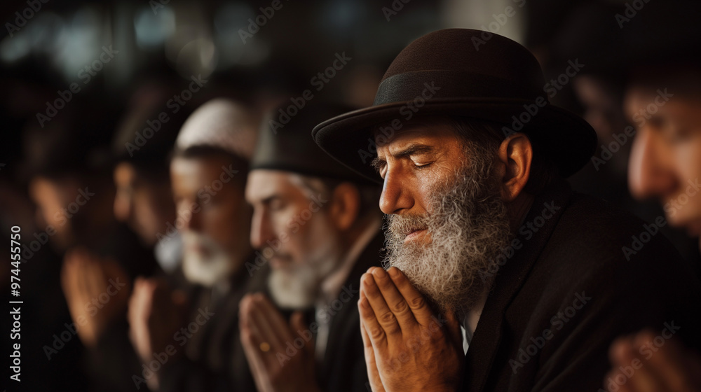 Jewish man praying solemnly in synagogue during Hanukkah. Jewish man praying solemnly in synagogue during Hanukkah.