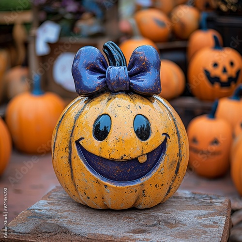 Stock technology Halloween pumpkin with a bow on a background of other pumpkins. Created with Adobe Photoshop photo