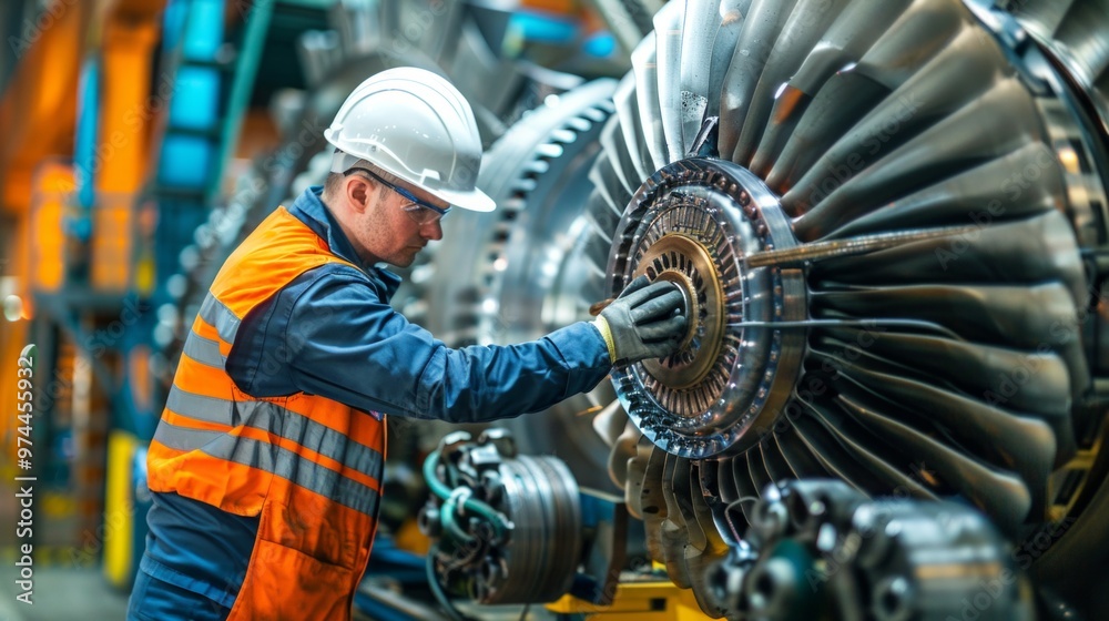 Picture a skilled technician maintaining a massive industrial machine in a factory. Picture a skilled technician maintaining a massive industrial machine in a factory.