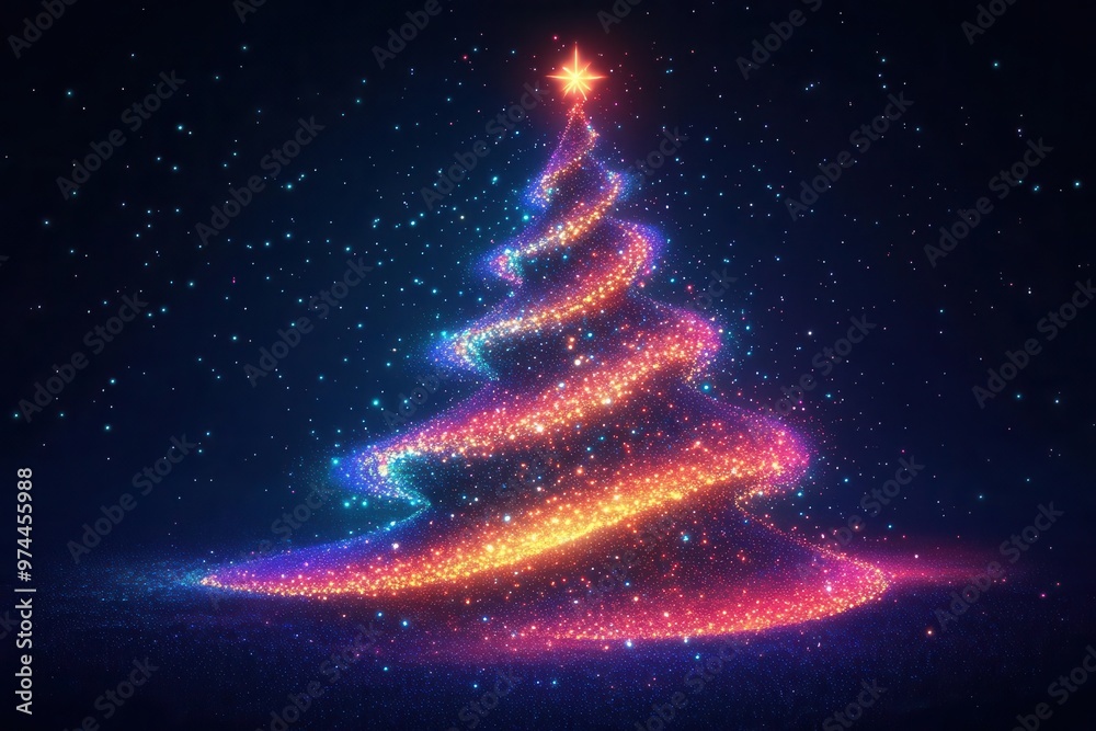 abstract christmas tree silhouette composed of swirling glittering lights and geometric shapes in festive colors against a dark background abstract christmas tree silhouette composed of swirling glittering lights and geometric shapes in festive colors against a dark background