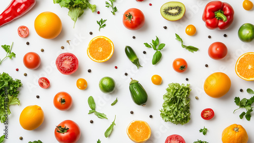 Vibrant Fresh Fruits and Vegetables on White Surface