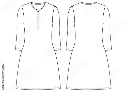 Women kurta Dress tunic technical fashion 
illustration with elbow sleeves, Flat apparel front, back, 